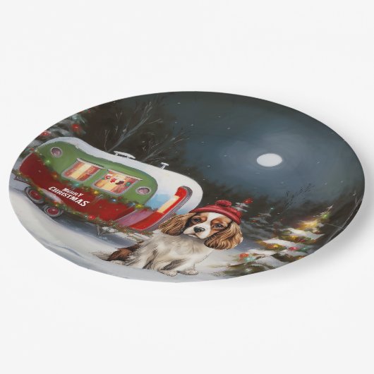 カバリエールキングチャールズスパニエル犬キャラバンクリスマス ペーパープレート (アングル)
