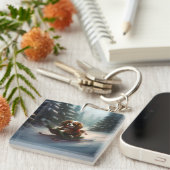 カバリエールキングチャールズスパニエル犬クリスマススススノー キーホルダー (正面右)