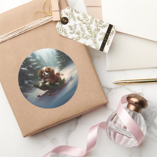 カバリエールキングチャールズスパニエル犬クリスマススススノー ラウンドシール (ギフト)