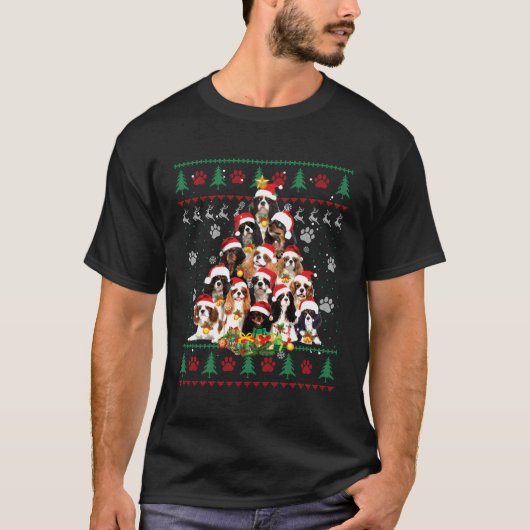 カバリエールキングチャールズスパニエル犬クリスマスツリー醜い Tシャツ (正面)