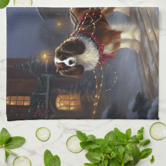 カバリエールキングチャールズスパニエル犬クリスマスフェスティバル キッチンタオル (折り畳み)
