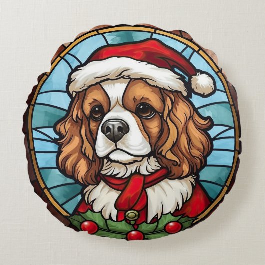 カバリエールキングチャールズスパニエル犬グラスクリスマス ラウンドクッション (正面)