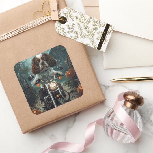 カバリエールキングチャールズスパニエル犬ハロウィンホラー スクエアシール (ギフト)