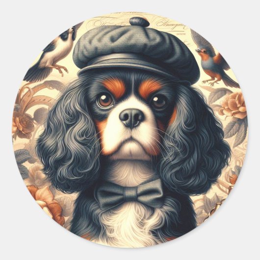 カバリエールキングチャールズスパニエル犬絵画ズ ラウンドシール (正面)