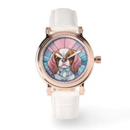 カバリエールキングチャールズパステルピンクステンドグラス 腕時計