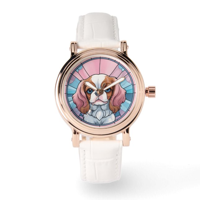 カバリエールキングチャールズパステルピンクステンドグラス 腕時計 (正面)