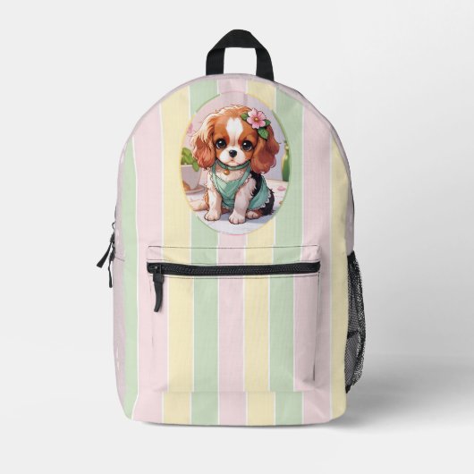 カバリエールキングチャールズパステルラインズコテージコア プリントバックパック (正面)