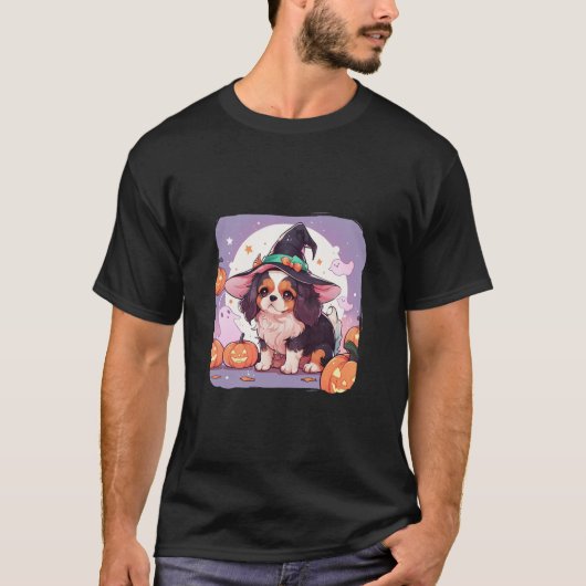 カバリエールキングチャールズパステル魔女ハットハロウィン Tシャツ (正面)