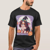 カバリエールキングチャールズパステル魔女ハットハロウィン Tシャツ (正面)