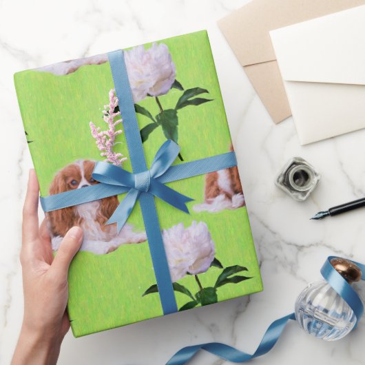 カバリエールキングチャールズ&ホワイトピオニーラッピング紙 ラッピングペーパー (ギフト)