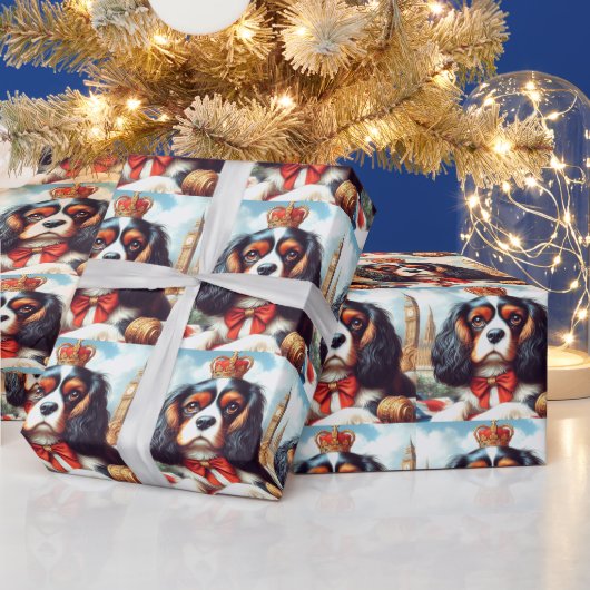 カバリヤキングチャールズスパニエル犬イラストレーション ラッピングペーパー (クリスマス)