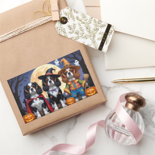 カバリヤキングチャールズスパニエル犬パンプキンハロウィーン 長方形シール (ギフト)