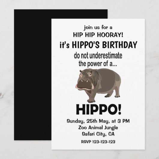 カバ 楽しい かわいい カバ 誕生日 招待状 (正面/裏面)