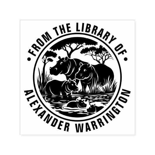 カバHippotamuses Hippos by Water Library図書名 セルフインキングスタンプ (デザイン)