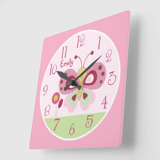 カパーソナライズされたウトピンクバタフライ子供部屋時計 スクエア壁時計 (傾斜)