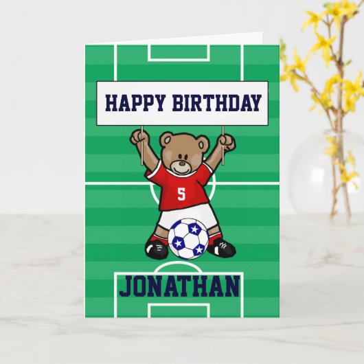 カパーソナライズされたワイトサッカーテディベア（赤） カード (黄色い花)