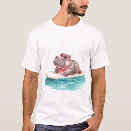 カビキニ姿のカバがサーフボードに乗っている Tシャツ (正面)