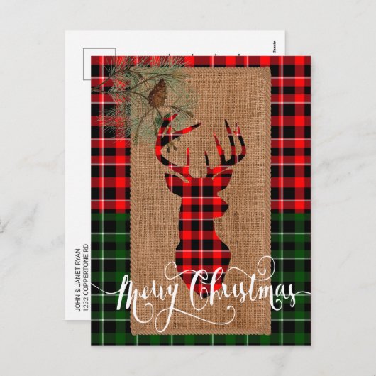 カビンスタイル - ブルックリンのような鹿の頭を飾った麻とチェックの生地 シーズンポストカード (正面/裏面)