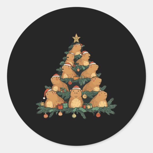 カピバラおもしろいクリスマスツリー ラウンドシール (正面)