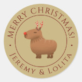 カピバラおもしろいトナカイのクリスマス金ゴールド ラウンドシール (正面)