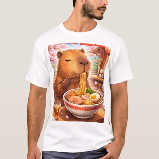カピバラがラーメンを楽しむ Tシャツ (正面)