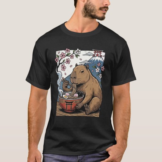 カピバラがラーメンを食べる Tシャツ (正面)