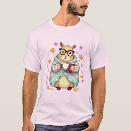 カピバラが本に乗ってコーヒーを飲む さくら Tシャツ (正面)