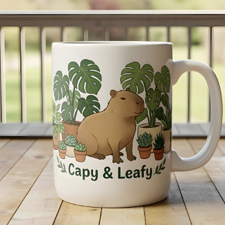 カピバラとグリーンプランツ - かわいいボタニカル ツートーンマグカップ