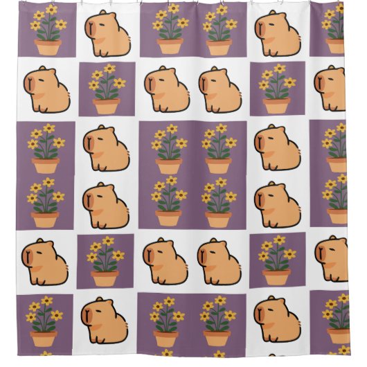 カピバラと花シャワーカーテン | かわいい動物 シャワーカーテン (正面)