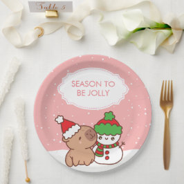 カピバラと雪だるまシーズンかわいいすてきへ ペーパープレート