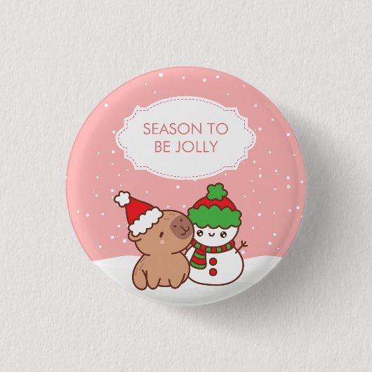 カピバラと雪だるまシーズンかわいいすてきクリスマス 缶バッジ (正面)