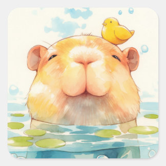 カピバラと鳥の友達 スクエアシール