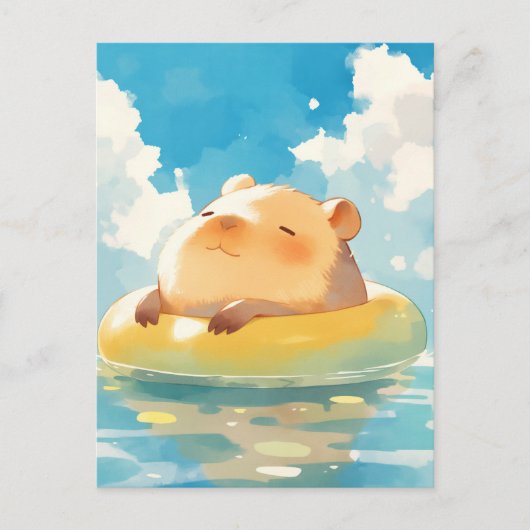カピバラのイエロー浮き輪サマー ポストカード (正面)
