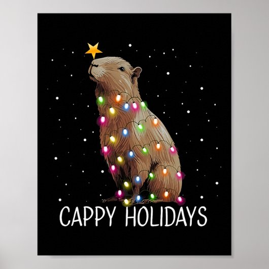 カピバラのクリスマスライトで楽しい帽子をかぶった休日 ポスター (正面)