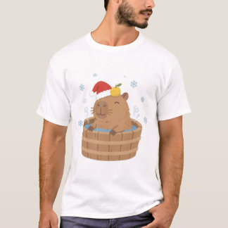 カピバラのクリスマス温泉サンタ帽子 Tシャツ