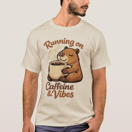 カピバラのコーヒー愛好家 ランニングとカフェインと良い雰囲気 Tシャツ (正面)