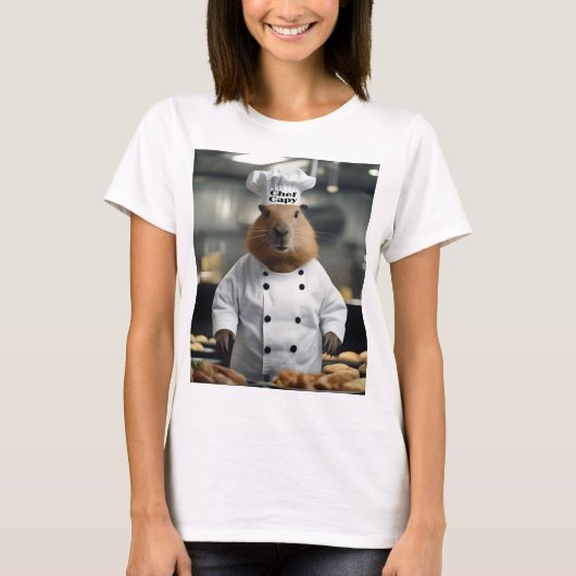 カピバラのシェフ帽子 女性用Tシャツ Tシャツ (正面)