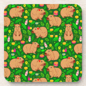カピバラのスケッチと春の花付き緑 コースター (正面)