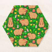 カピバラのスケッチと春の花付き緑 ペーパーコースター (正面)