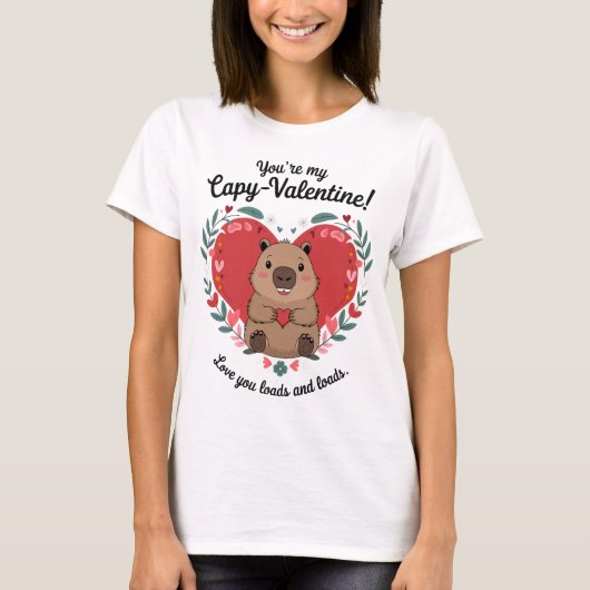 カピバラのハート バレンタインデー Tシャツ (正面)