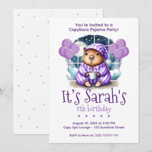 カピバラのパジャマ誕生日パーティー招待状 招待状 (正面/裏面)