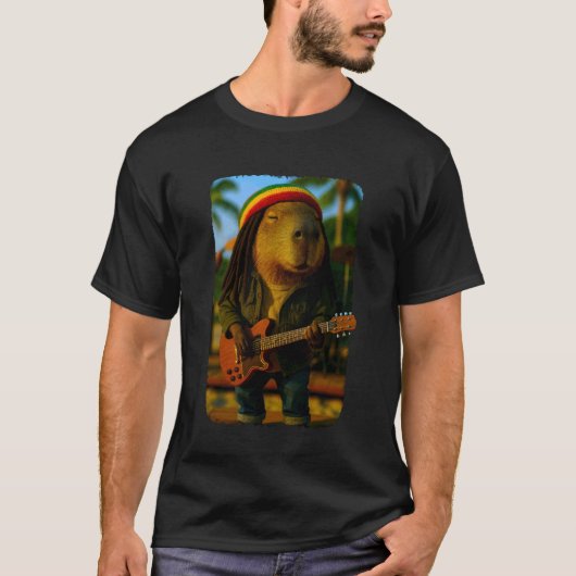 カピバラのレゲエギター・ラスタクオーツ・おもしろパロディ Tシャツ (正面)