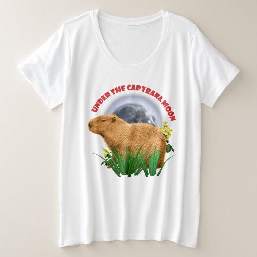 カピバラの月の下で ふわふわ動物 プラスサイズTシャツ (デザイン正面)