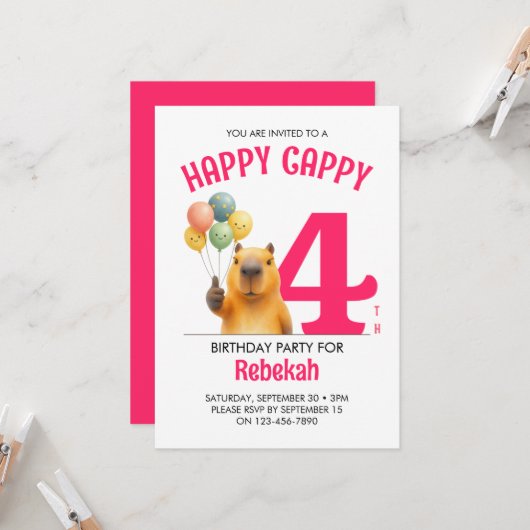 カピバラの4歳の誕生日おめでとう ピンク HAPPY CAPPY オリジナル 招待状 (正面/裏面インサイチュ)