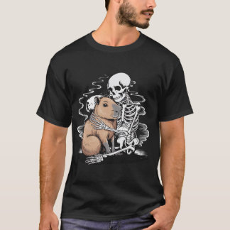 カピバラを抱きしめるスケルトンのハロウィンTシャツ - かわいい Tシャツ