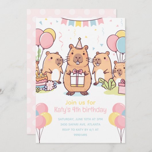 カピバラパーティの招待状カピバラバースデーパーティー 招待状 (正面/裏面)