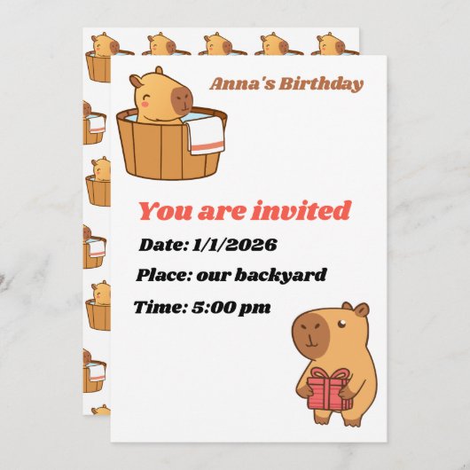 カピバラパーティの招待状カード | かわいい誕生日 招待状 (正面/裏面)