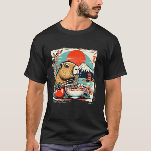 カピバララーメンおもしろいレトロ日本の動揺して Tシャツ (正面)