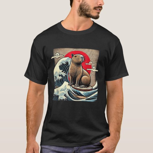 カピバラ日本の神奈川波グラフィックティー風変わり Tシャツ (正面)