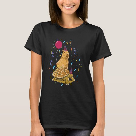 カピバラ祝と亀のパーティーとの誕生日 Tシャツ (正面)